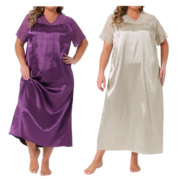 Agnes Orinda Women's Plus Size 2 Pieces Nightwear Satin Lace Hollow V Neck Short Sleeve Chemise Lounge Maxi Sleep Dress 3X Purple/Champagne