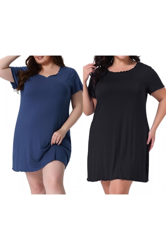 Women's Plus Size 2 Pieces Pajama Dress Short Sleeve Ruffle Mini Sleepwear Casual Lounge Sleepshirts 1X Navy Blue/Black