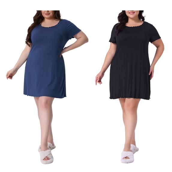 NOMADIC NOOK Women's Plus Size 2 Pieces Pajama Dress Short Sleeve Ruffle Mini Sleepwear Casual Lounge Sleepshirts 1X Navy Blue/Black