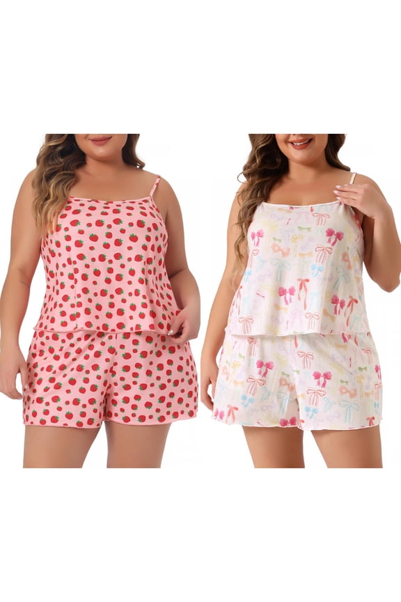 Women's Plus Size 2 Pieces Pajamas Cute Strawberry Heart Bow Pattern Cami Shorts Sleepwear Set 1X White/Pink