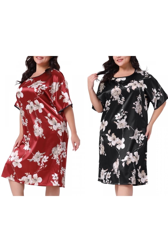 Women's Plus Size 2 Pieces Satin Nightgown Floral Print Round Neck Short Sleeve Lounge Midi Sleepwear 1X Red/Black