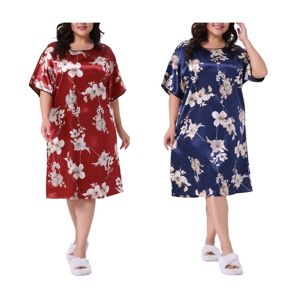 NOMADIC NOOK Women's Plus Size 2 Pieces Satin Nightgown Floral Print Round Neck Short Sleeve Lounge Midi Sleepwear 4X Red/Navy Blue