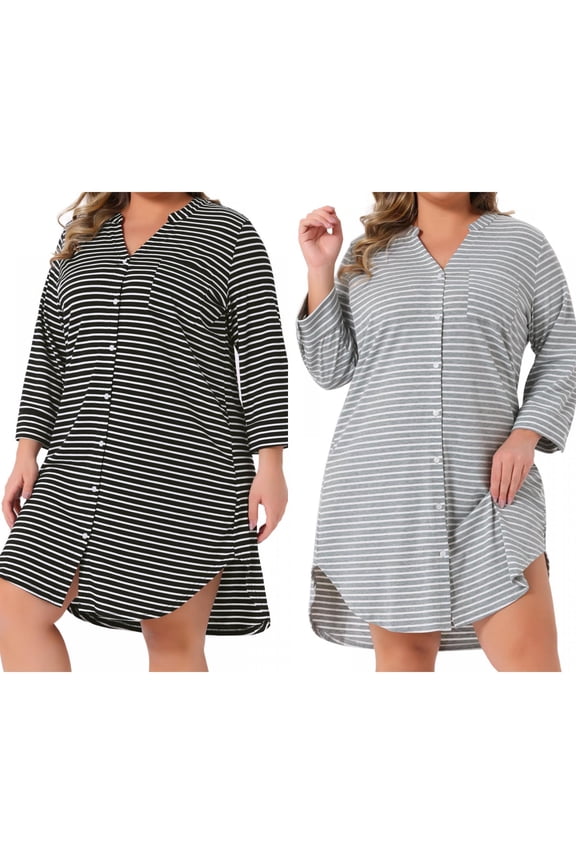 Women's Plus Size 2 Pieces Sleepshirt Stripe Button Down V Neck 3/4 Sleeve Soft Pajamas Dress Lounge Nightdress with Pocket 1X Gray/Black