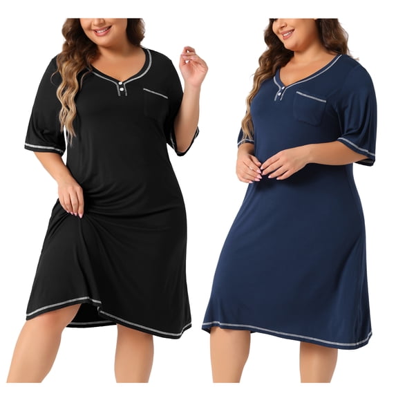 NOMADIC NOOK Women's Plus Size 2 Pack Sleepshirts Short Sleeve V Neck Loose Nightgowns Button Front Casual Pajama Sets 1X Navy Blue/Black