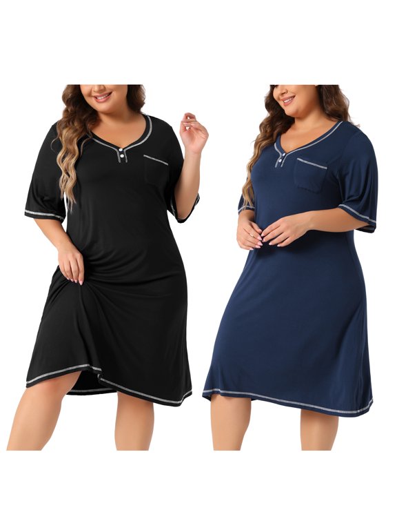 Women's Plus Size 2 Pack Sleepshirts Short Sleeve V Neck Loose Nightgowns Button Front Casual Pajama Sets 1X Navy Blue/Black