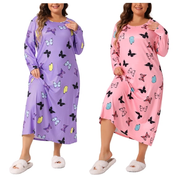 Agnes Orinda Women's Plus Size 2 Pieces Sleepwear Heart Pattern Crew Neck Long Sleeve Sleep Dress Casual Nightgown Pajamas 1X Pink/Light Purple
