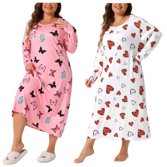 Agnes Orinda Women's Plus Size 2 Pieces Sleepwear Heart Pattern Crew Neck Long Sleeve Sleep Dress Casual Nightgown Pajamas 2X White/Pink