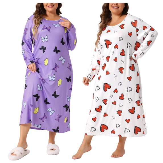 NOMADIC NOOK Women's Plus Size 2 Pieces Sleepwear Heart Pattern Crew Neck Long Sleeve Sleep Dress Casual Nightgown Pajamas 3X White/Light Purple