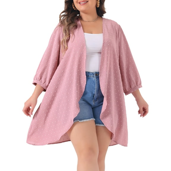 Agnes Orinda Women's Plus Size 3/4 Batwing Sleeve Polyester Casual Cardigan 3X Pink