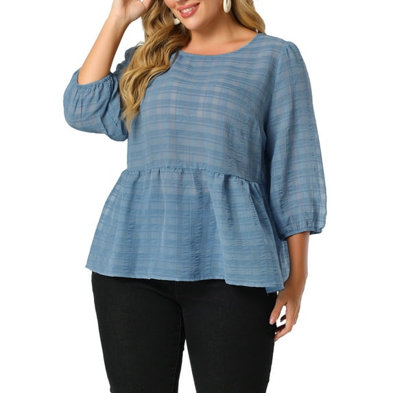 Agnes Orinda Women's Plus Size 3/4 Puff Sleeve Top Cinched Waist Ruffle Peplum Blouse 1X Blue