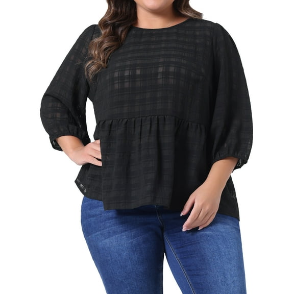 Agnes Orinda Women's Plus Size 3/4 Puff Sleeve Top Cinched Waist Ruffle Peplum Blouse 2X Black