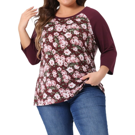 Agnes Orinda Women's Plus Size 3/4 Raglan Sleeve Floral Contrast Color Blouse 1X Burgundy