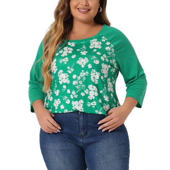 Agnes Orinda Women's Plus Size 3/4 Raglan Sleeve Floral Contrast Color Blouse 1X Dark Green