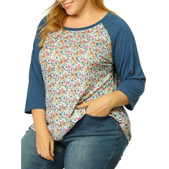 Agnes Orinda Women's Plus Size 3/4 Raglan Sleeve Floral Contrast Color Blouse 2X Blue