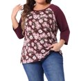 thumbnail image 1 of Agnes Orinda Women's Plus Size 3/4 Raglan Sleeve Floral Contrast Color Blouse 2X Burgundy, 1 of 6