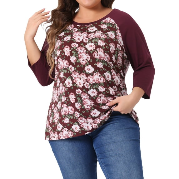 Agnes Orinda Women's Plus Size 3/4 Raglan Sleeve Floral Contrast Color Blouse 2X Burgundy