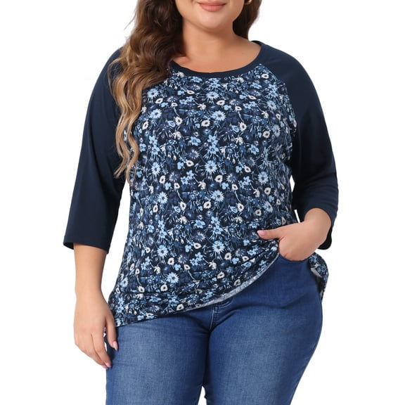 Agnes Orinda Women's Plus Size 3/4 Raglan Sleeve Floral Contrast Color Blouse 2X Dark Blue