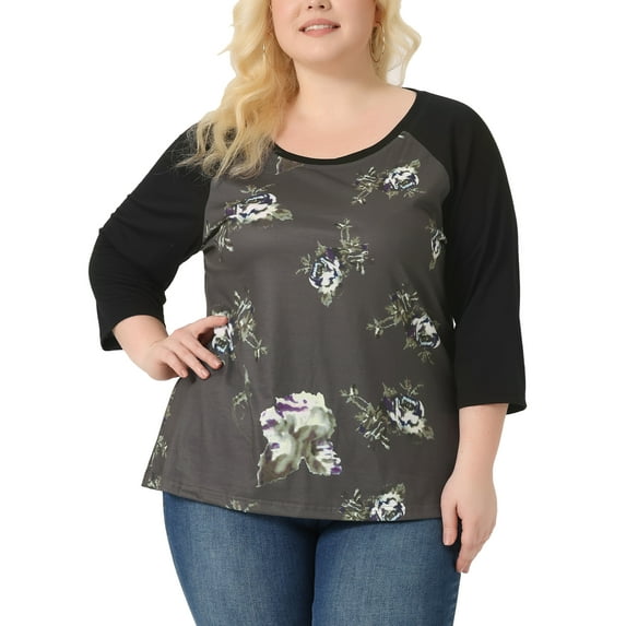 Agnes Orinda Women's Plus Size 3/4 Raglan Sleeve Floral Contrast Color Blouse 3X Coffe