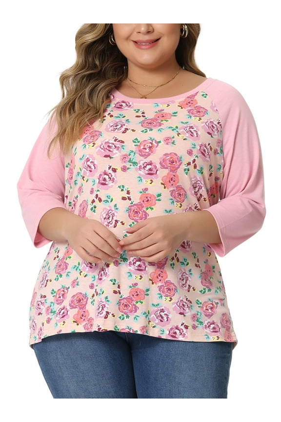 Women's Plus Size Blouse Round Neck Floral Contrast Color 3/4 Raglan Sleeve Casual Peasant Tops 3X Light Pink