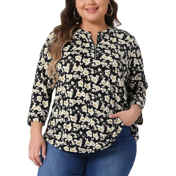 Agnes Orinda Women's Plus Size 3/4 Sleeve Zip Up Floral Print V Neck Casual Pullover Blouses Tops 4X Black