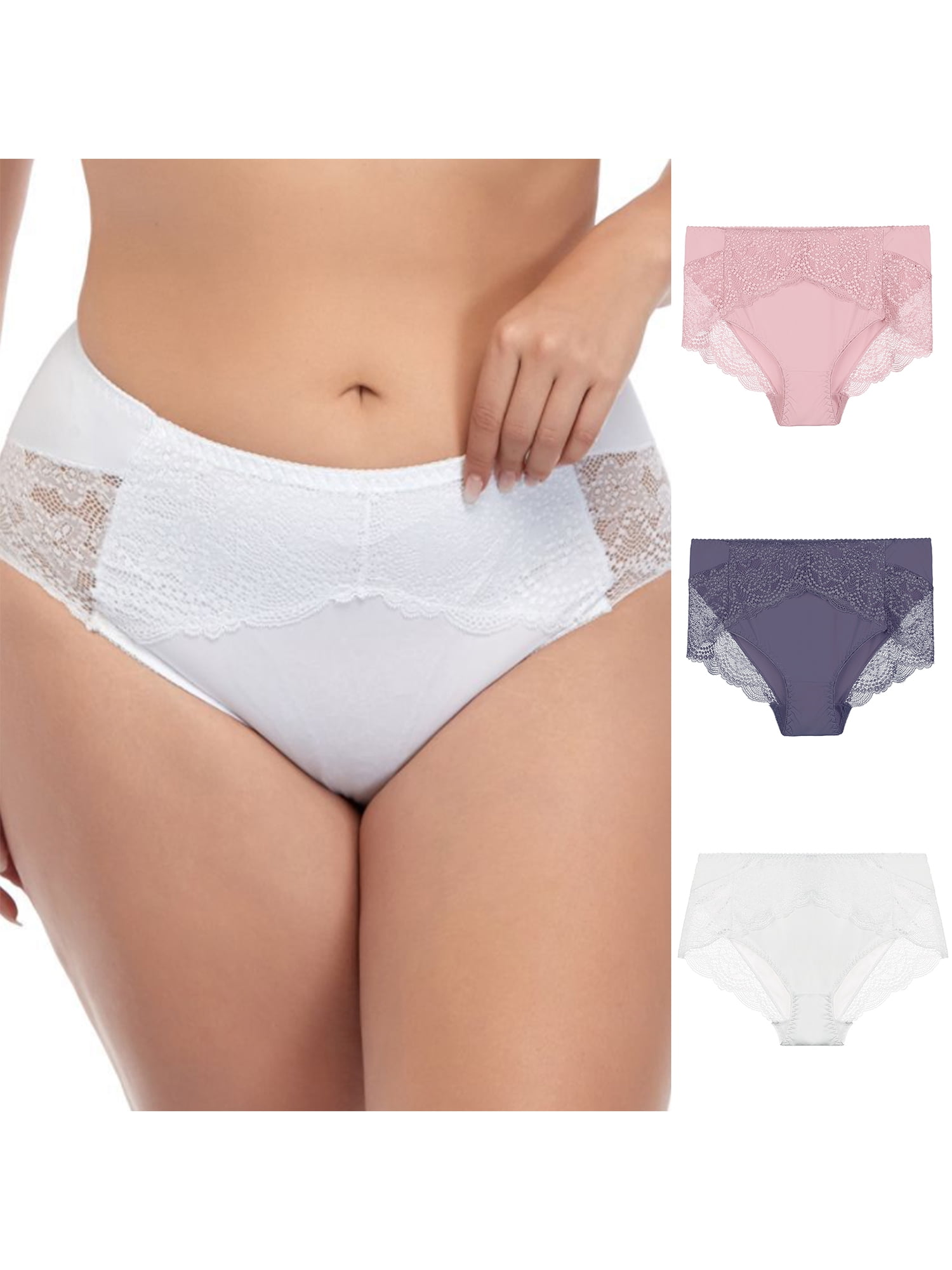 Agnes Orinda Women's Plus Size 3Pack Lace Trim High Waist Solid Brief