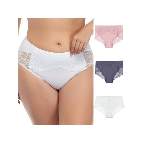 Agnes Orinda Women's Plus Size 3-Pack Lace Trim High Waist Solid Brief Stretchy Underwear