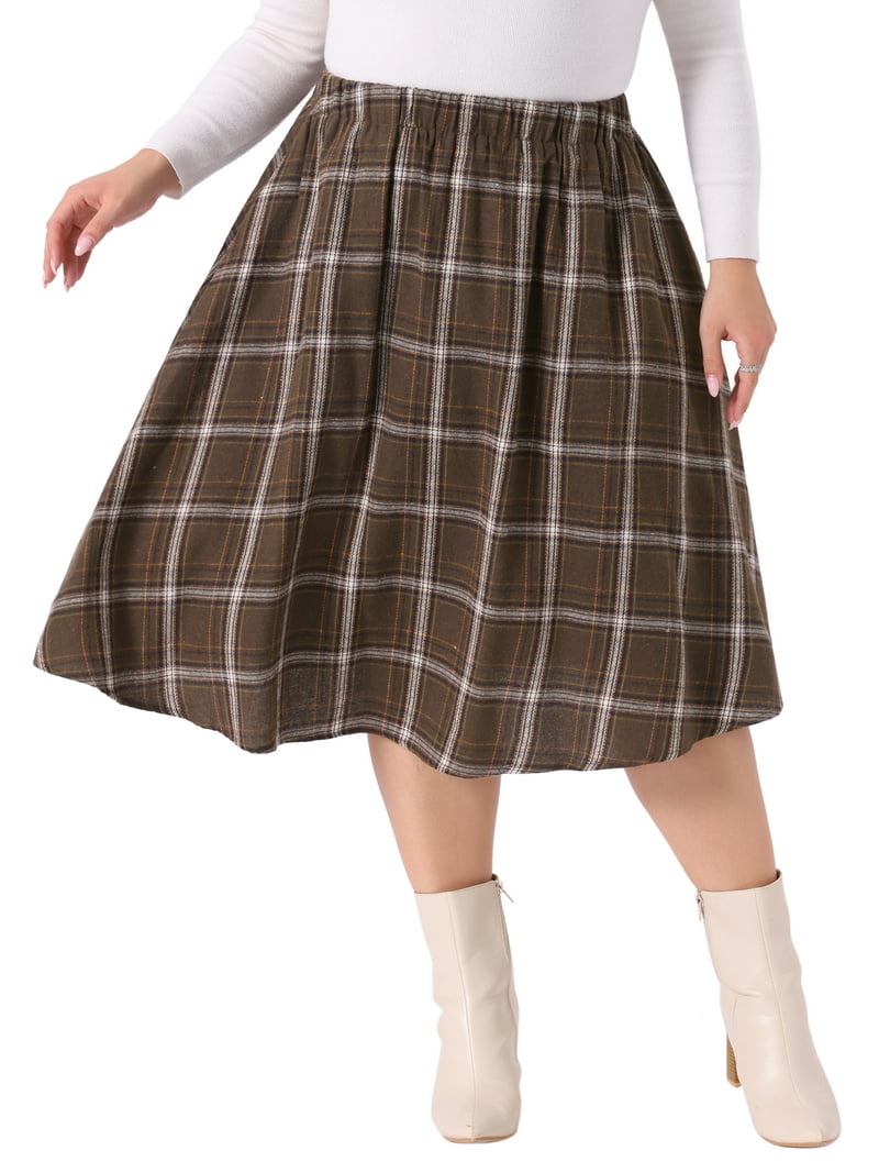 Agnes Orinda Women's Plus Size A Line Knee Length Flare Plaid