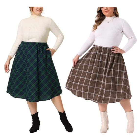 Agnes Orinda Women's Plus Size A Line Knee Length Flare Plaid Two Piece Skirts 1X Green/Brown