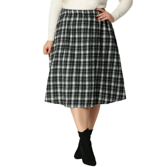 Agnes Orinda Women's Plus Size A Line Knee Length Flare Plaid Skirts 3X Black