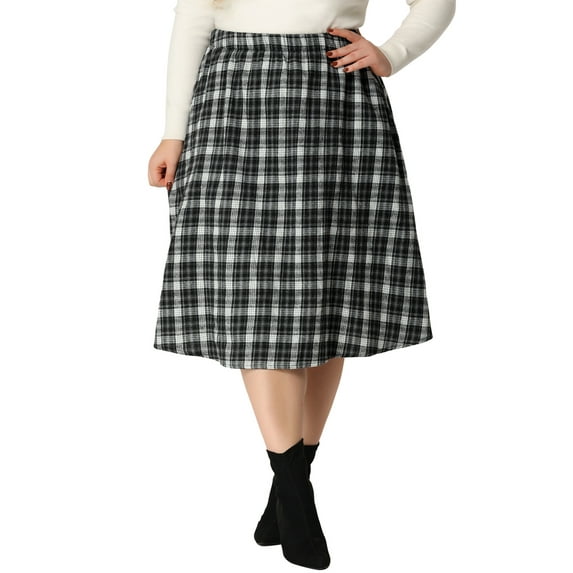 Agnes Orinda Women's Plus Size A Line Knee Length Flare Plaid Skirts 3X Black