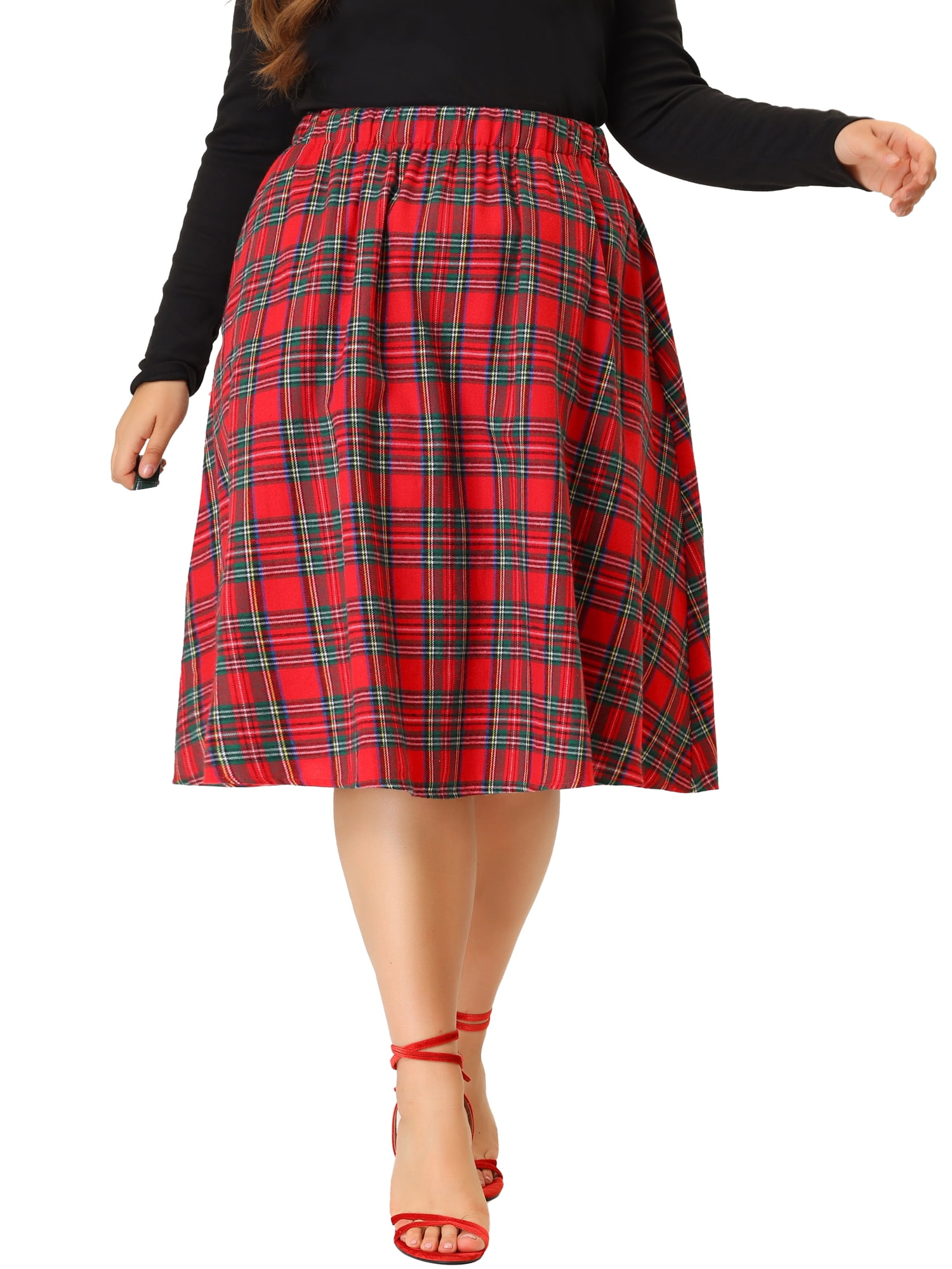 Agnes Orinda Women s Plus Size A Line Knee Length Plaid Flare Skirt 1X Red