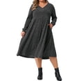 thumbnail image 1 of Women's Plus Size Sweater Dresses V Neck Long Sleeve Ribbed Knit Elegant A Line Dress with Pockets 1X Dark Gray, 1 of 6