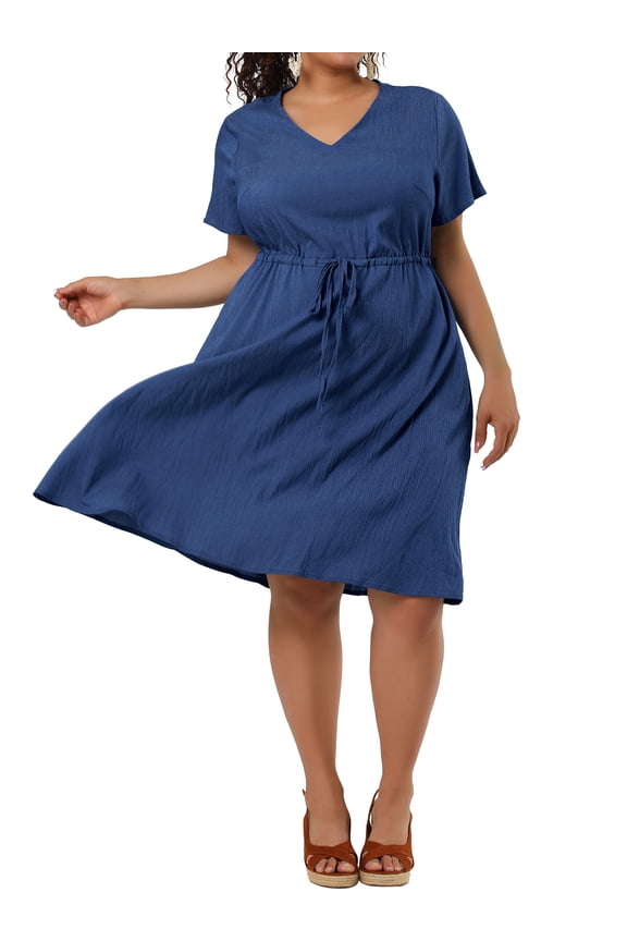 Women's Plus Size A Line Midi Dress Elastic Waist V Neck Short Sleeve Chambray Denim Dresses 3X Dark Blue