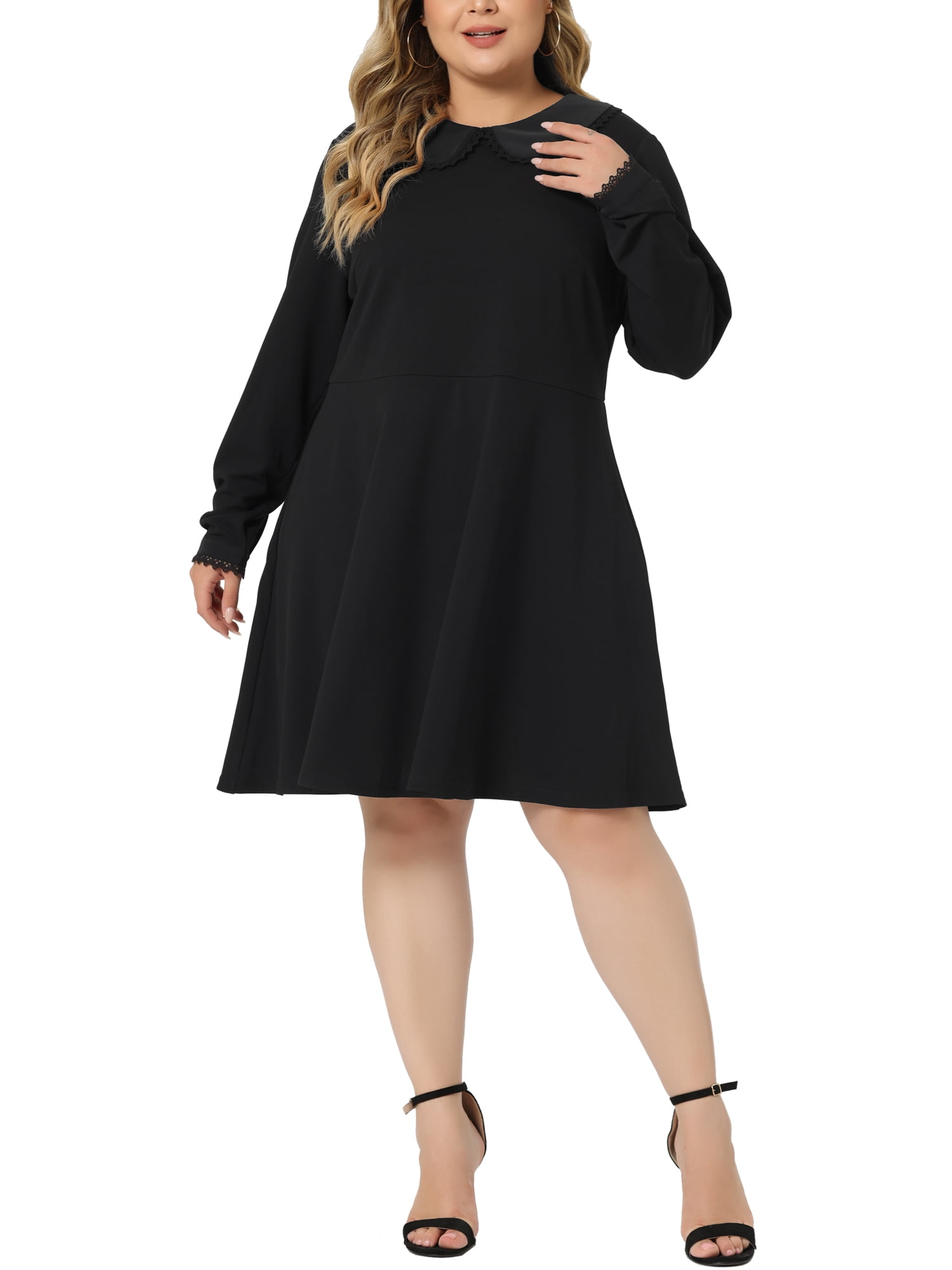 Agnes Orinda Women's Plus Size Dress Peter Pan Collar Long Sleeve Fall Winter Midi A-line Dress 1X Dark Black