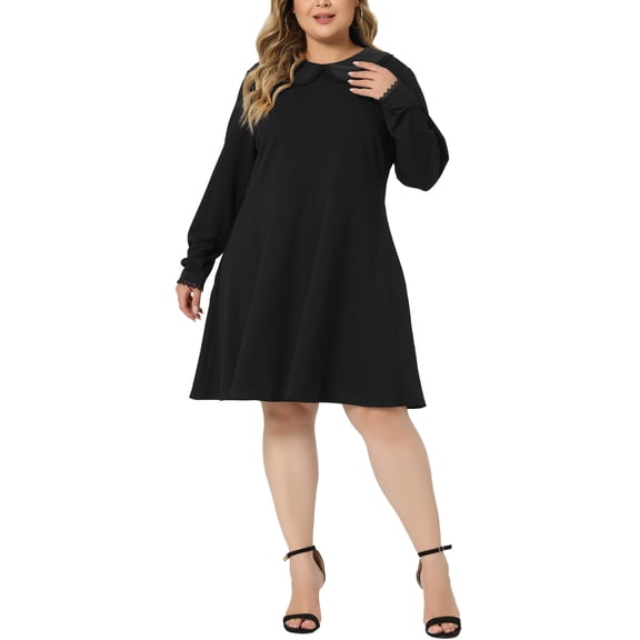 Agnes Orinda Women's Plus Size Dress Peter Pan Collar Long Sleeve Fall Winter Midi A-line Dresses 3X Dark Black