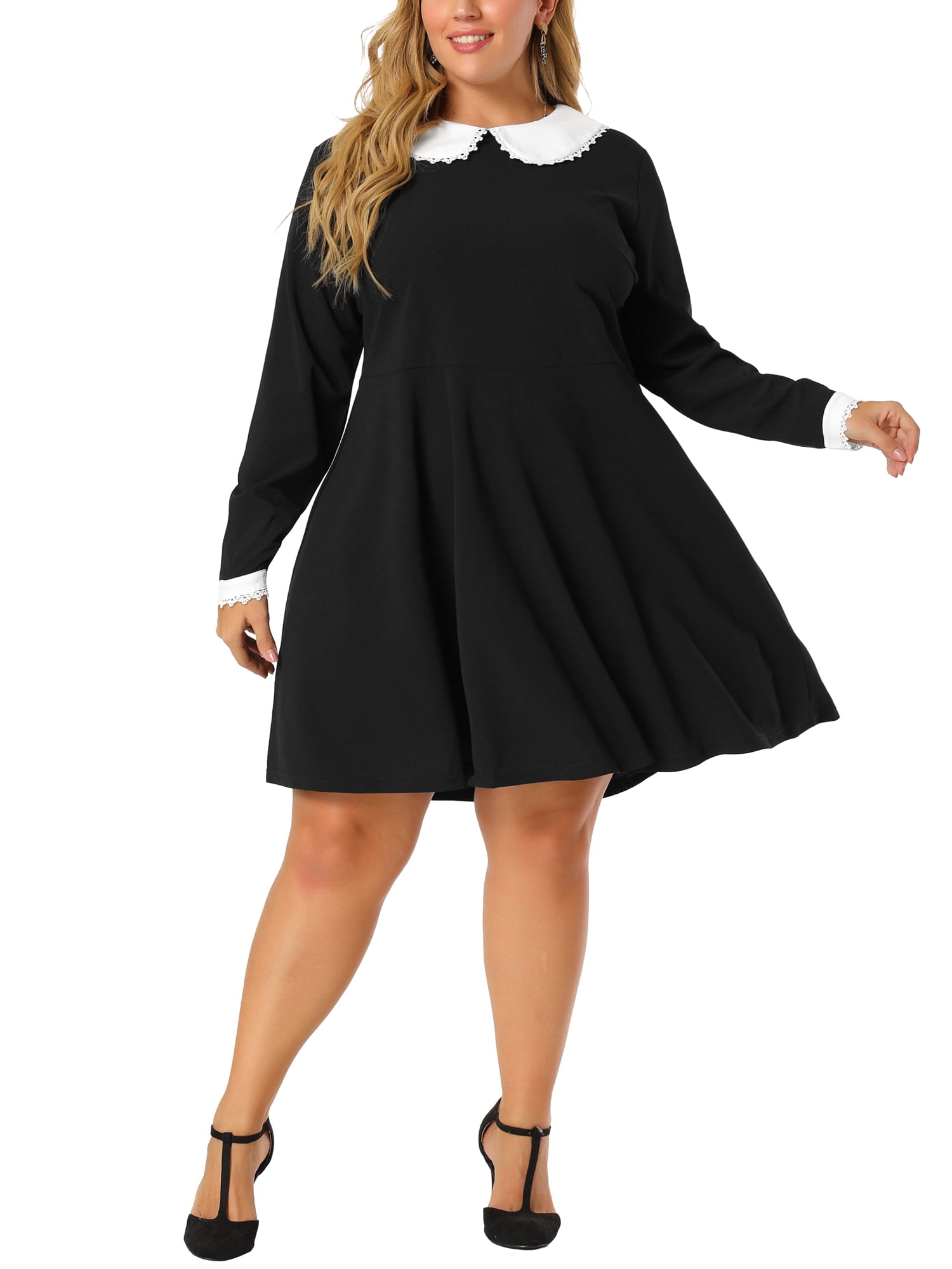 Agnes Orinda Women's Plus Size Dress Peter Pan Collar Long Sleeve Fall  Winter Midi A-line Dress 1X Burgundy - Walmart.com