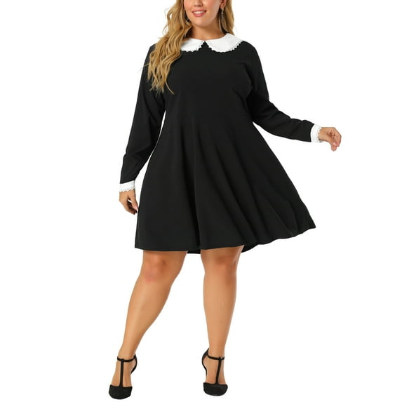 Agnes Orinda Women's Plus Size Dress Peter Pan Collar Long Sleeve Fall Winter Midi A-line Dresses 4X Black