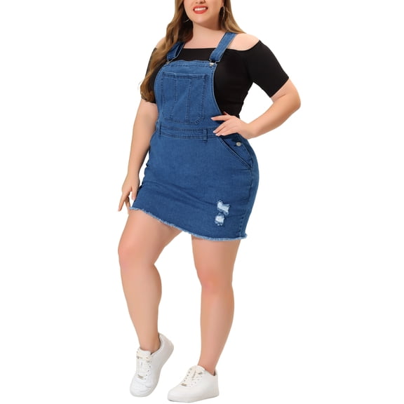 Agnes Orinda Women's Plus Size Denim Overall Dress Adjustable Strap Casual Denim Suspender Dress 4X Denim Blue