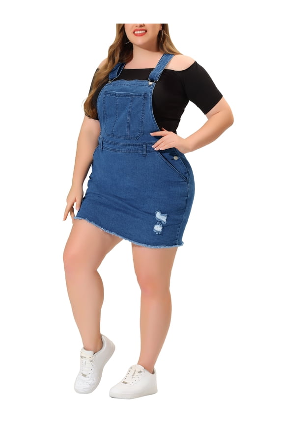 Women's Plus Size Denim Overall Dress Adjustable Strap Casual Denim Suspender Dress 4X Denim Blue