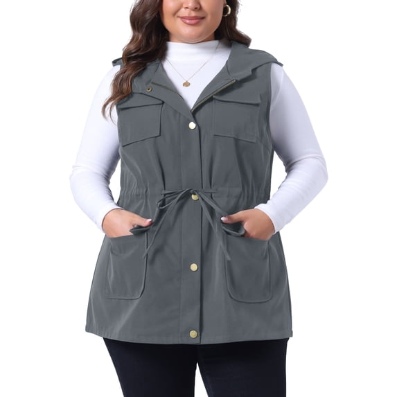 Agnes Orinda Women's Plus Size Anorak Utility Vest Drawstring Lightweight Sleeveless Cargo Hooded 4X Dark Gray