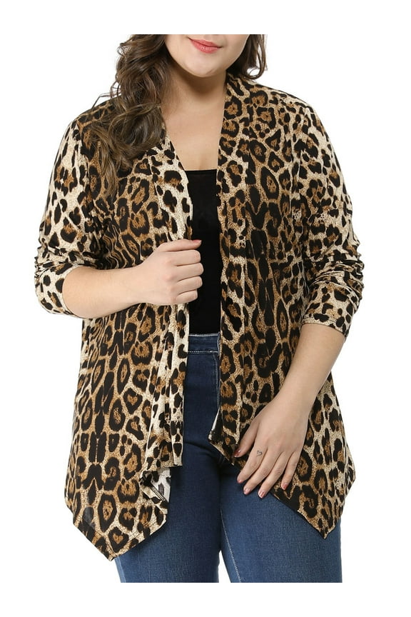 Women's Plus Size Cardigans Leopard Floral Printed Open Front Lightweight Jacket Fall Knit Cardigan 2X Beige