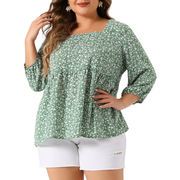 Agnes Orinda Women's Plus Size Babydoll Blouse Square Neck 3/4 Sleeve Floral Peplum Tops 4X Green
