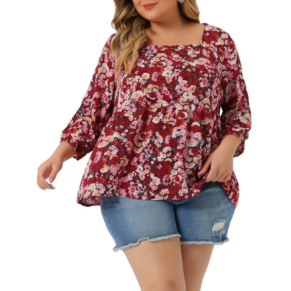 Agnes Orinda Women's Plus Size Babydoll Blouse Square Neck 3/4 Sleeve Floral Peplum Tops 4X Red