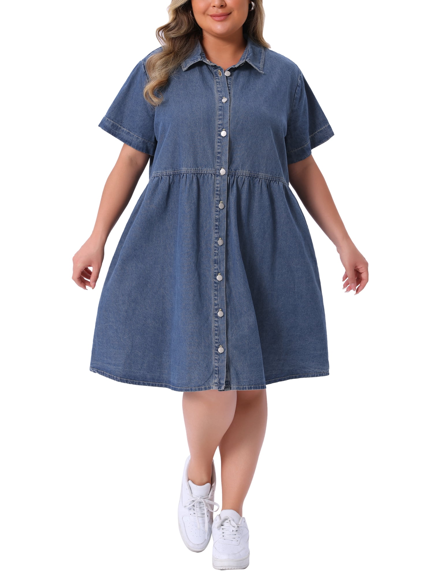 Agnes Orinda Women's Plus Size Babydoll Denim Dress Button Down Lapel Short Sleeves Casual Jean Shirt Dresses with Pockets 1X Gray Blue, Size: 1XL Agnes Orinda Women's Plus Size Babydoll Denim Dress Button Down Lapel Short Sleeves Casual Jean Shirt Dresses with Pockets 1X Gray Blue, Size: 1XL