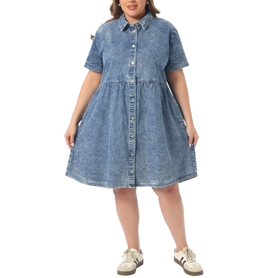 Agnes Orinda Women's Plus Size Babydoll Denim Dress Tiered Button Down Lapel Short Sleeve Casual Jean Shirt Dresses with Pockets 3X Blue Snow Wash