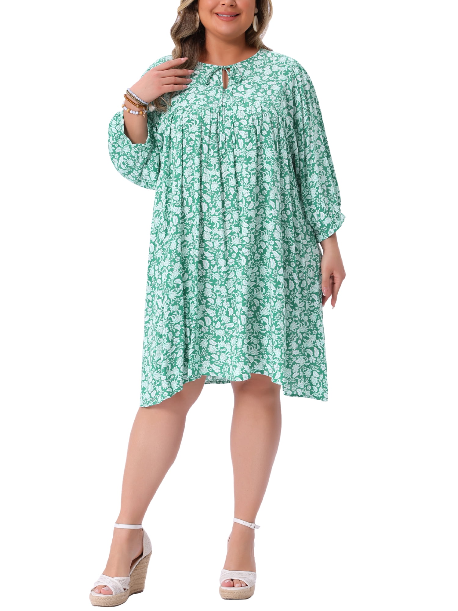 Agnes Orinda Plus Size Summer Dress for Womens Drawstring V Neck Babydoll Midi Flowy Dresses Sundress 2X Green, Women's, Size: 2XL, Black