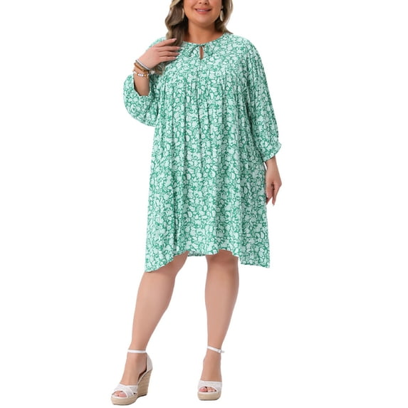 Plus Size Summer Dress for Womens Drawstring V Neck Babydoll Midi Flowy Dresses Sundress 2X Green
