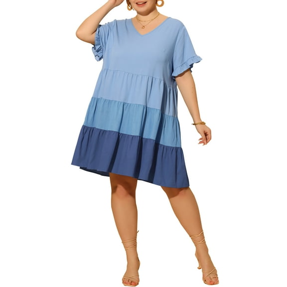 GRACE & GRANDEUR Women's Plus Size Ruffle Short Sleeves Flowy Swing Hem Chambray Midi Dress 1X Blue
