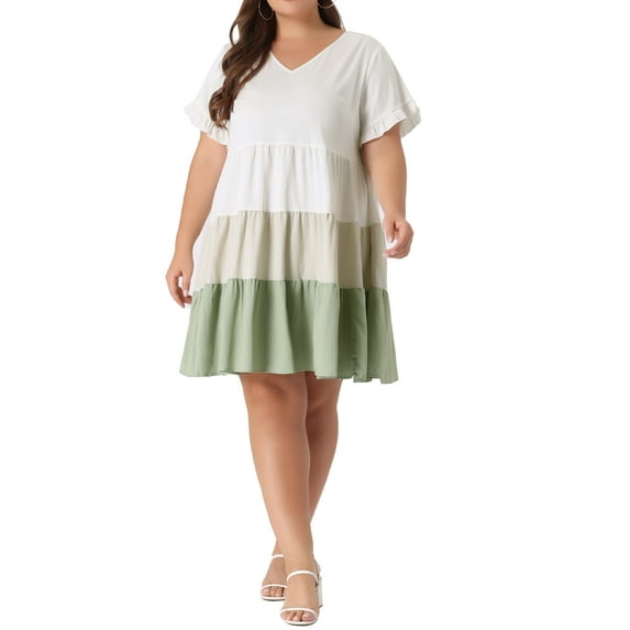 GRACE & GRANDEUR Women's Plus Size Ruffle Short Sleeves Flowy Swing Hem Chambray Midi Dress 4X Green