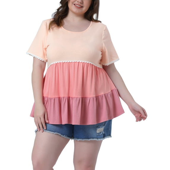 Agnes Orinda Women's Plus Size Babydoll Ruffle Tops Lace Trim Tiered Crew Neck Short Sleeve Casual Flowy Blouses 2X Pink